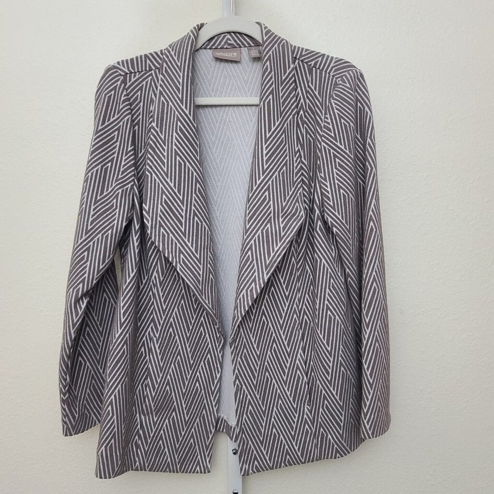 Chico's Open Front Jacket Size 1  8/M Stretch Chevron Pattern Taupe Grey